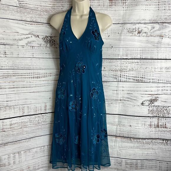 Vintage Newport News Dress Womens Halter y2k 90s embroidered sequin Fairy Teal - Picture 2 of 12